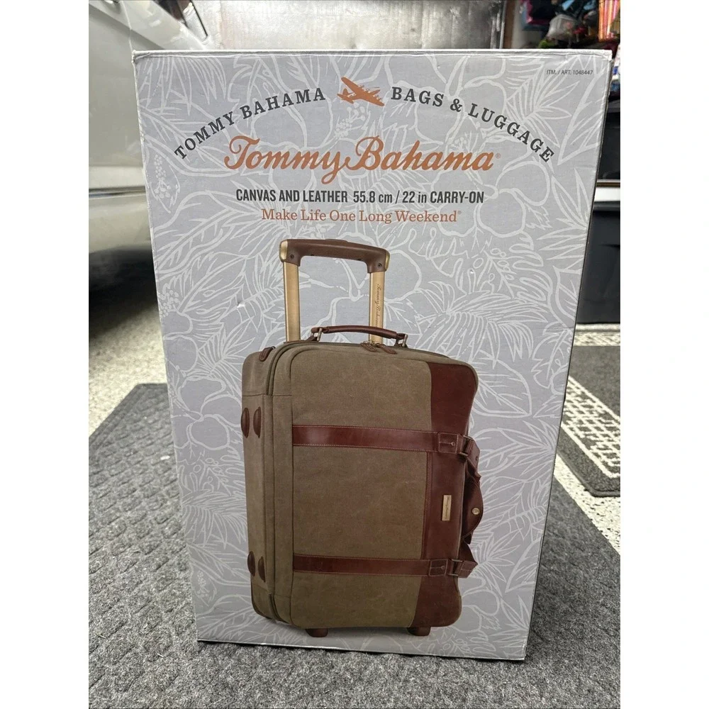 Tommy Bahama Leather & Canvas Rolling Duffel Bag Luggage Open Box NEW WITH‎ TAGS